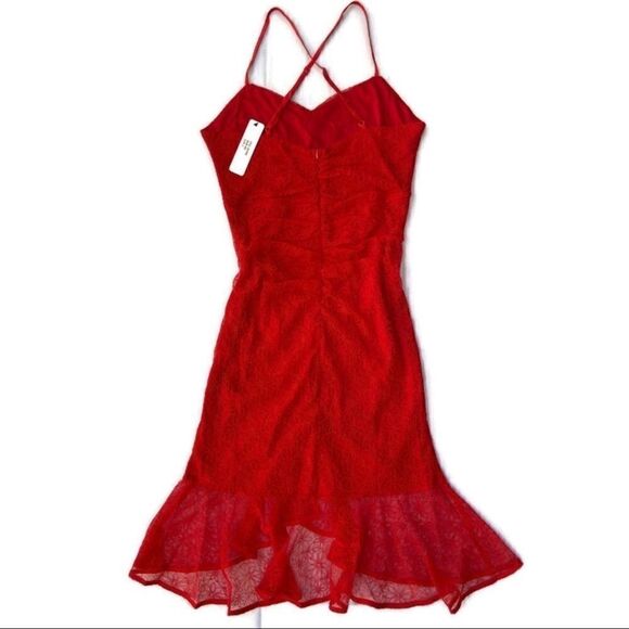 Red Ruched Appliquéd Strappy Vneck Dress with Criss Cross Back - Picture 3 of 11